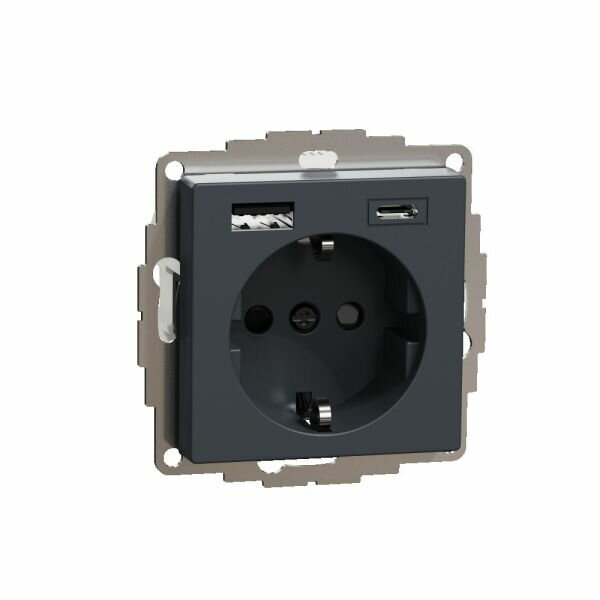 Schneider Electric MERTEN SM Антрацит Розетка силовая 16 A с зарядкой USB A+C 3 A MTN2367-0414 1 шт.