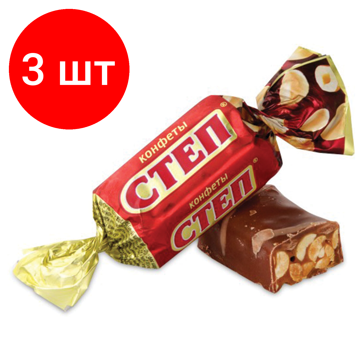 Комплект 3 шт, Конфеты шоколадные славянка "Золотой Степ" с мягкой карамелью и арахисом, 1000 г, пакет, 20463