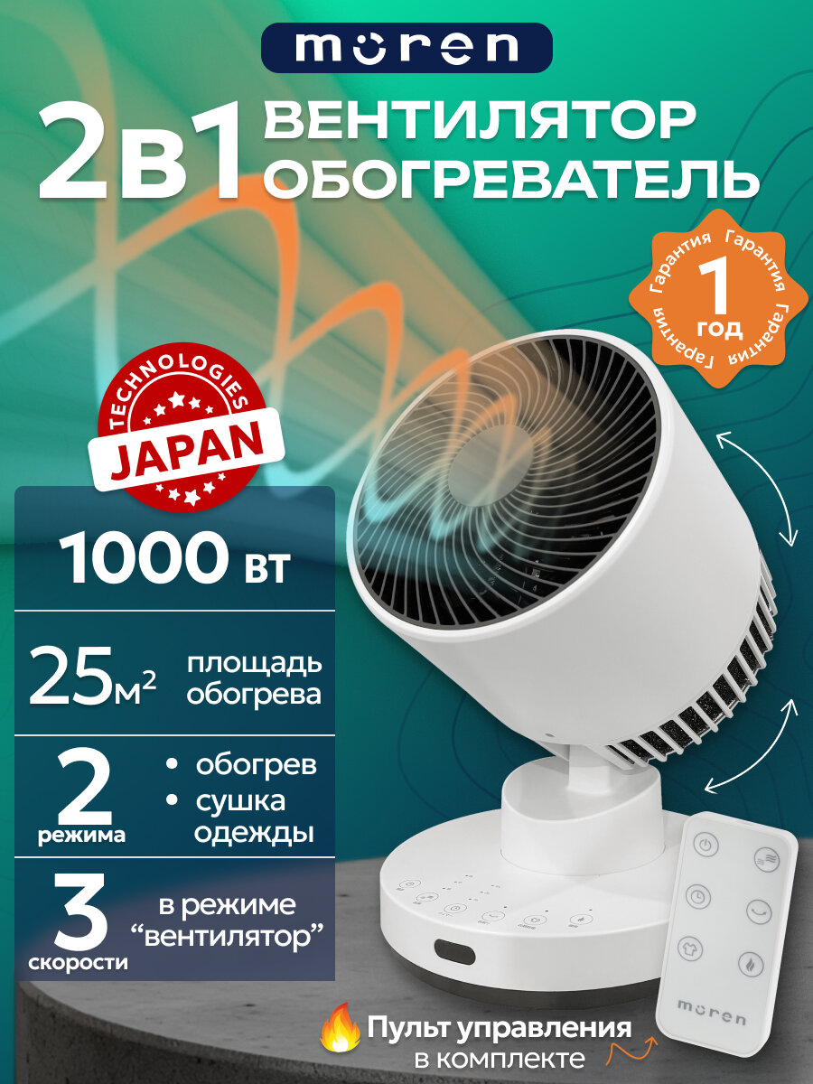 Вентилятор-обогреватель Moren 2в1, 1000 Вт (2 режима обогрева, 1 режим холодного обдува) пульт управления фото