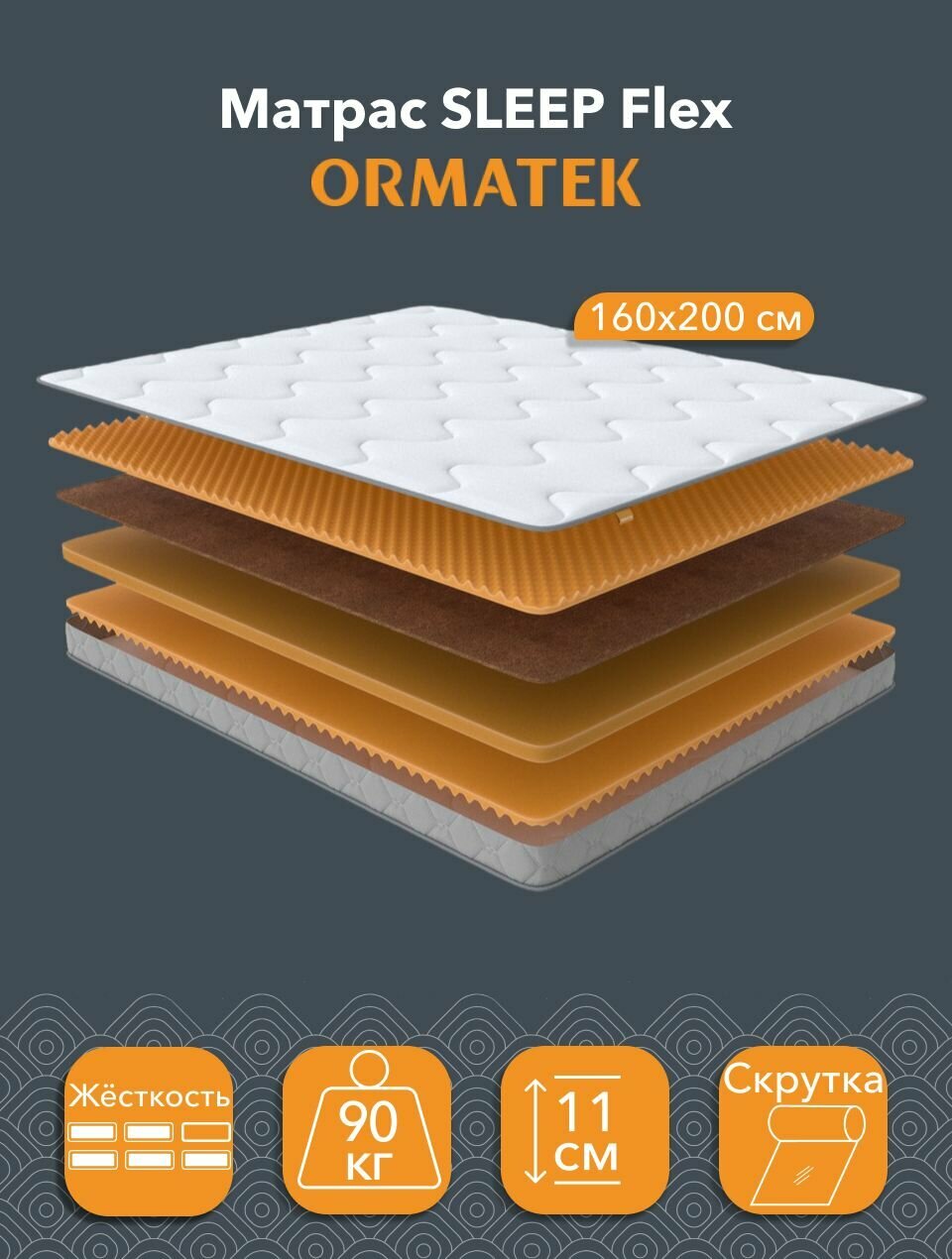 Орматек Матрас SLEEP Flex, Беспружинный, 160х200 см, Двуспальный двусторонний анатомический тонкий матрас на кровать с массажным эффектом