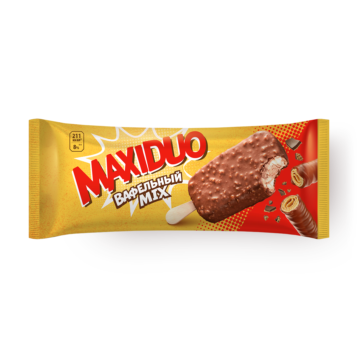 Мороженое Maxiduo "Вафельный микс", на палочке, в глазури, 63 г