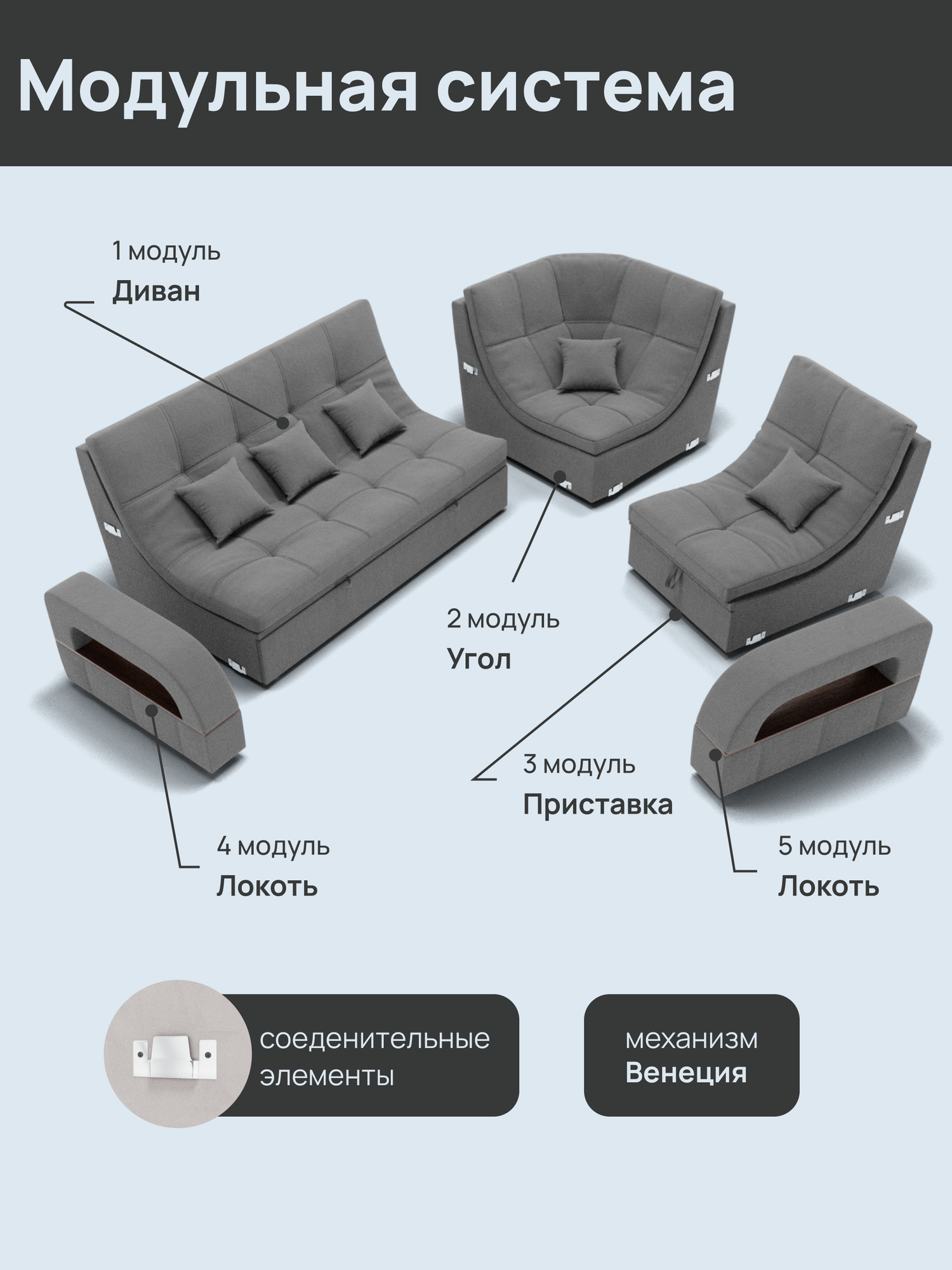 _Модульный диван, Велютта люкс 32 , 268х175х97 см, Серый. Велюр, ППУ, ДВП, Дерево, механизм Венеция. — фото 1