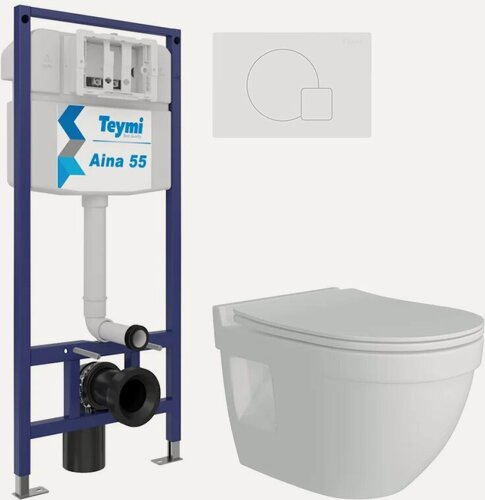 Изображение товара Комплект 3 в 1 Унитаз подвесной Teymi Vitra Pro T40806 / Инсталляция Aina 1220067 / Кнопка Ellie T70024WM цвет матовый белый