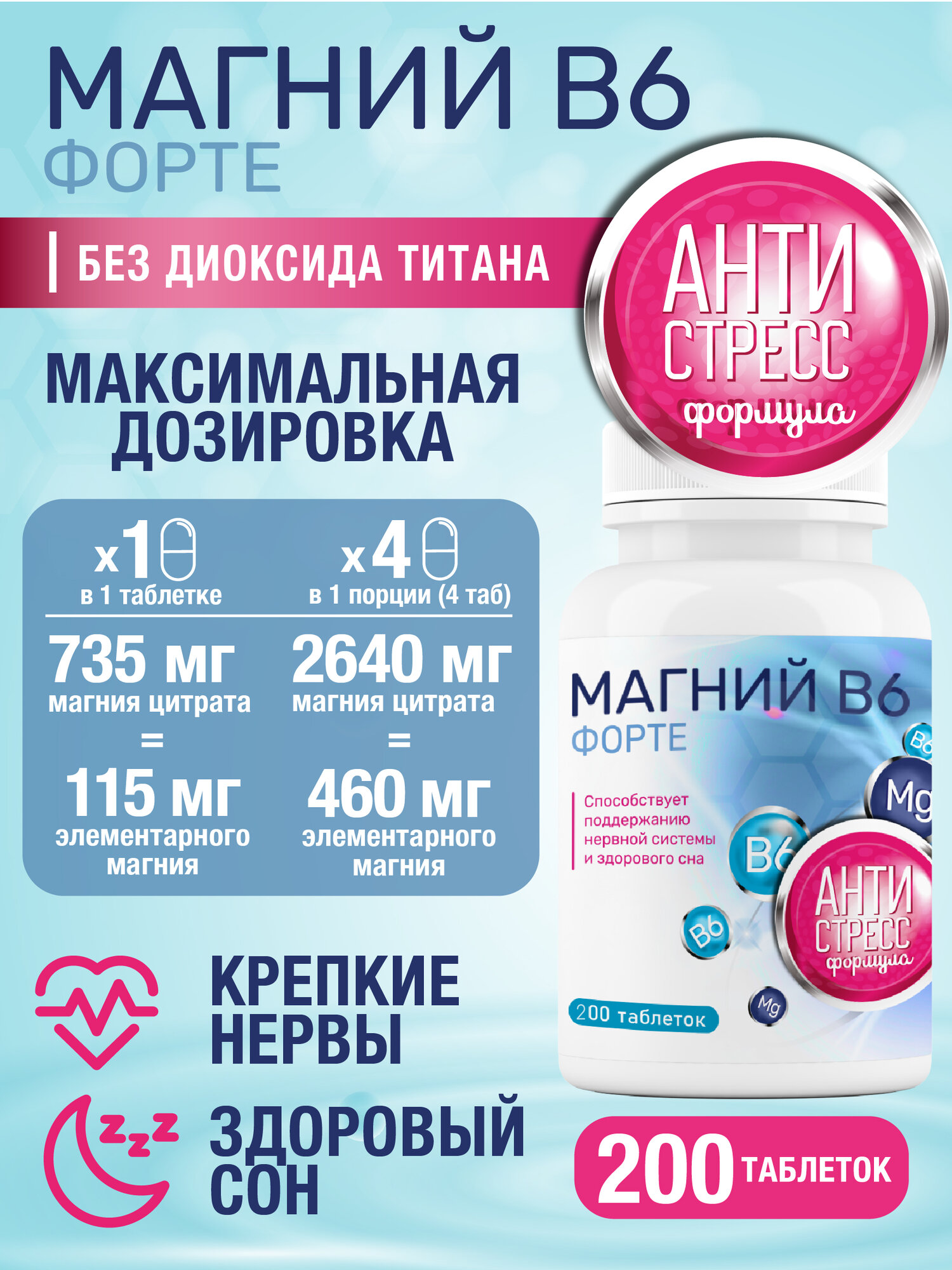 Магний цитрат с витаминами В6 Форте Миофарм 200 т. 735 мг + B6 от стресса, для нормализации сна, успокоительное. — фото 1