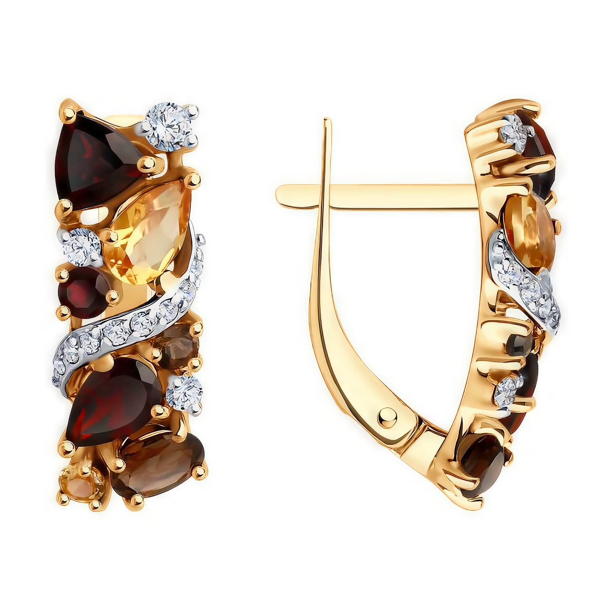 Серьги Diamant online, красное золото, 585 проба, фианит, раухтопаз, гранат