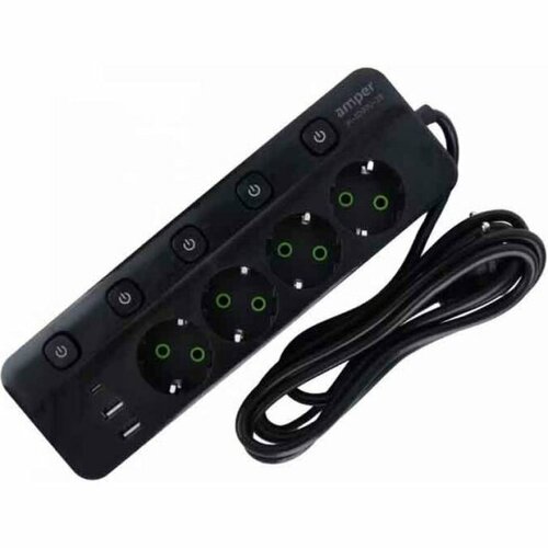 Сетевой удлинитель с USB Amper JH-1097U-2B 4 розетки, 2usb, 1Type-C, 4кн, 2500 Вт, 10А, 2,0м, 3*0,75мм, черный.