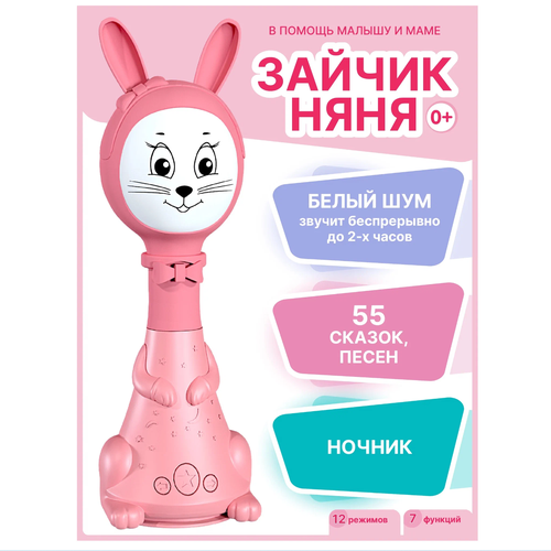 Игрушка интерактивная Зайчик Няня с белым шумом и погремушкой. Зайка для девочек и мальчиков PLUS