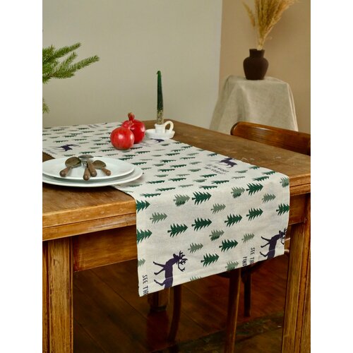 Новый год. Льняная сервировочная дорожка на стол Новогодняя, 146*43
