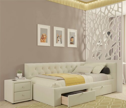 Изображение товара Односпальная кровать-тахта угловая Afelia 900 бежевая Zeppelin ортопед, 90х200, из велюра, с ящиками