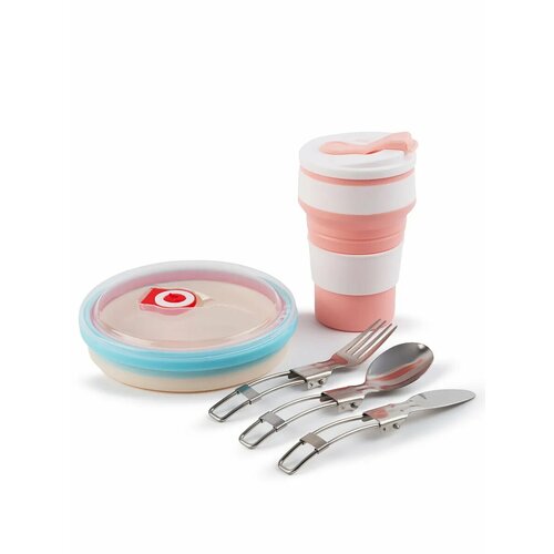 Набор туристической посуды TERRA OUTDOOR (миска, стакан, приборы), силикон/сталь, складной, розовый