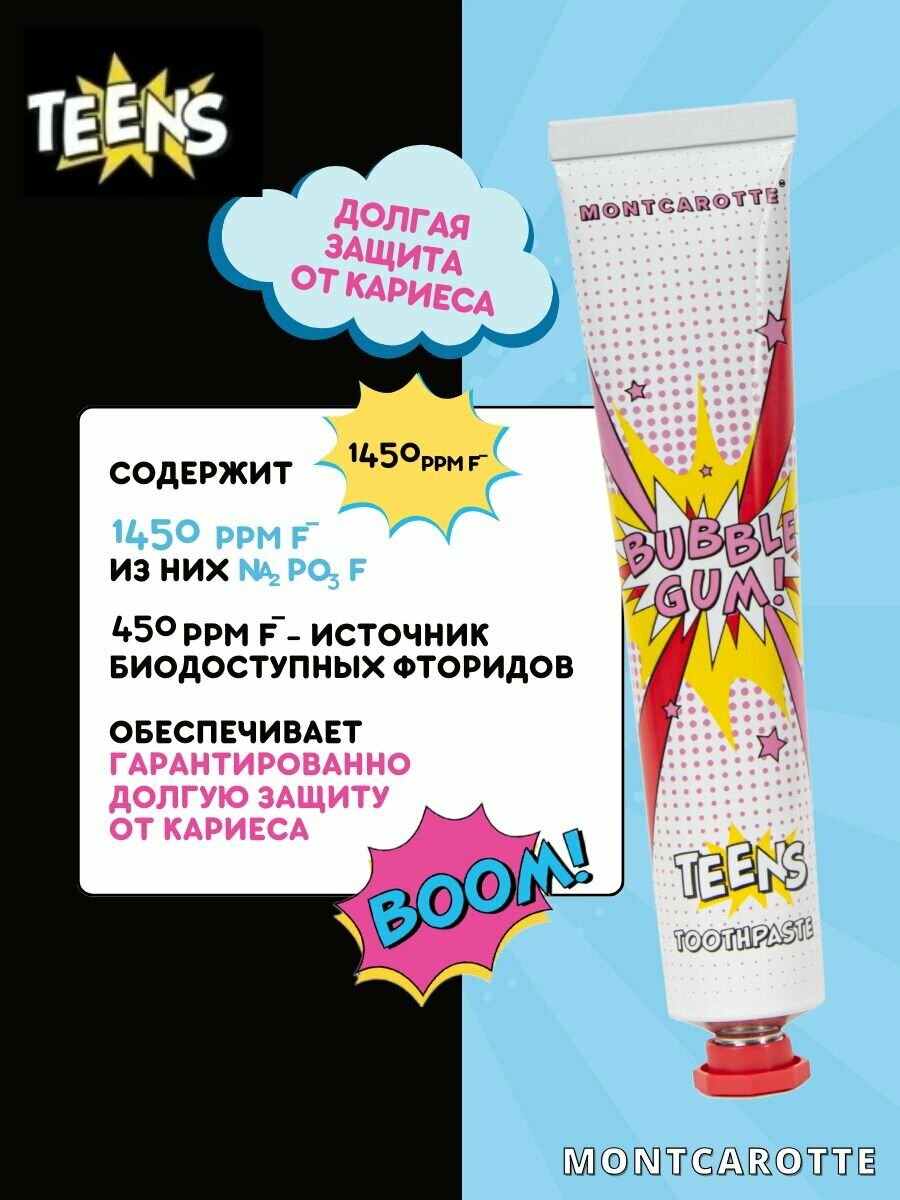 Зубная паста MontCarotte Bubble Gum, со вкусом жвачки, для детей 7+ и взрослых, 50 мл, Монткаротт, Италия — фото 1