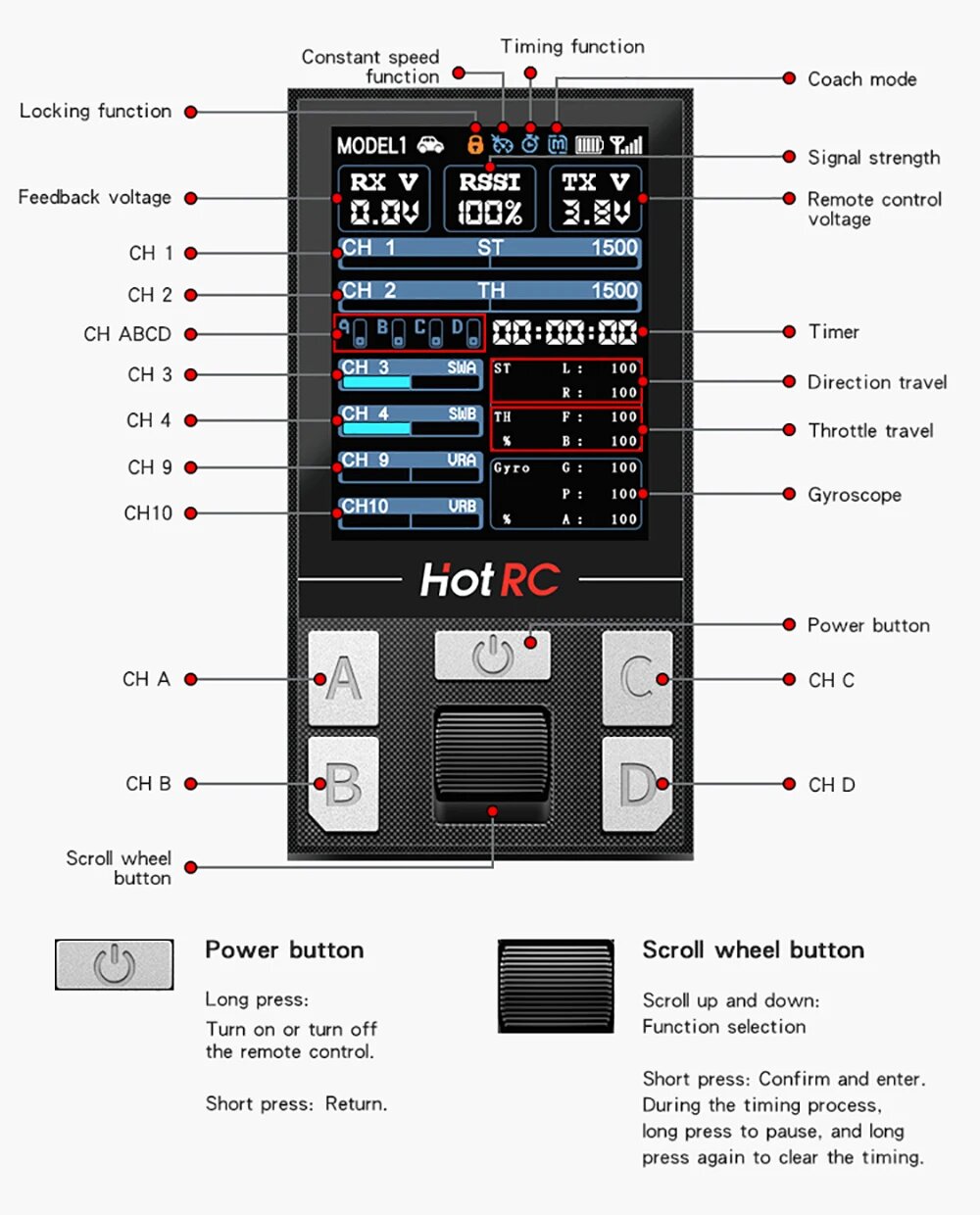 Передатчик HotRC CT-10B 10CH для радиоуправляемых моделей — фото 1