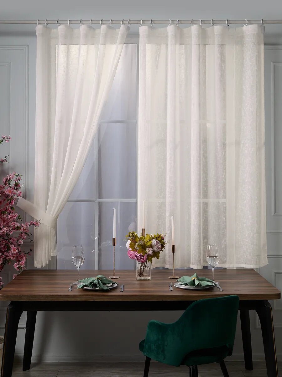 Тюль короткий для кухни SANPA HOME под лен 140х180 см комплект 2шт шторная лента