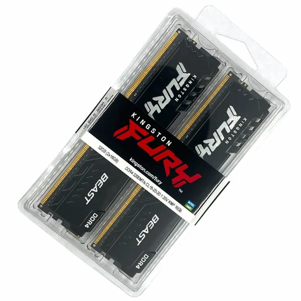 Kingston Fury Оперативная память Beast Black DDR4 32Gb (2x16Gb) 3200 MHz DIMM 2x16 ГБ (KF432C16BBK2/32) — фото 1