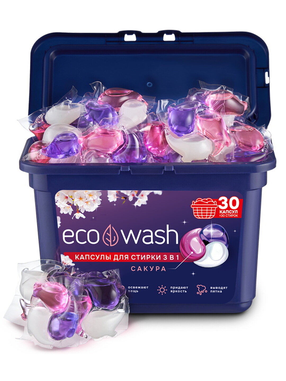 Капсулы для стирки EcoWash с антибактериальным эффектом, Сакура, 3 в 1, 30 штук