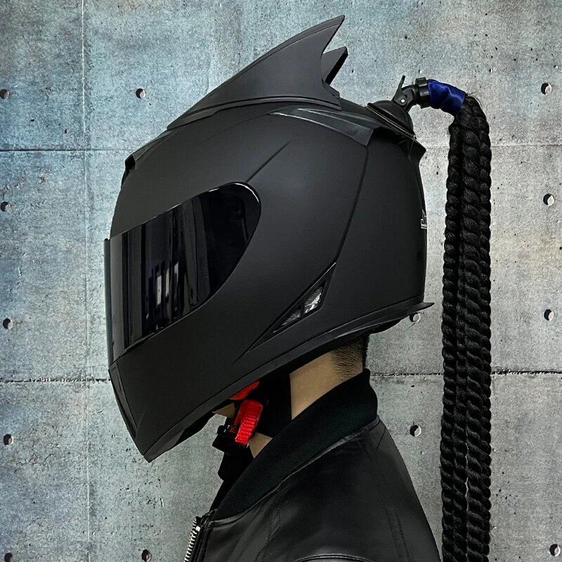 Мотоциклетный шлем с закрытым лицом гоночный шлем для мотокросса бездорожья каска каска для мотоциклиста индивидуальность косы рога Черный M 3 (3)