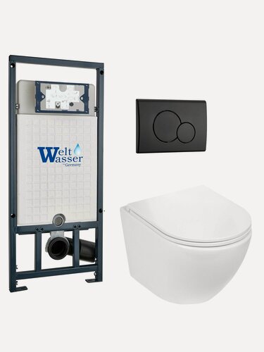 Изображение товара Комплект 6 в 1 WeltWasser: подвесной унитаз MERZBACH 043 MT-WT белый матовый+кнопка смыва MAR 507 RD MT-BL черный+инсталляция MARBERG 507