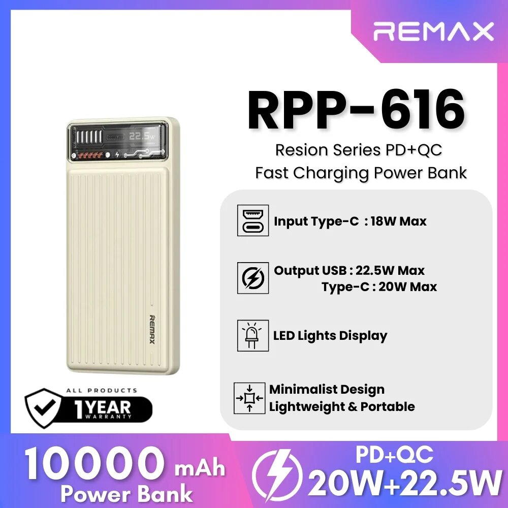 Аккумулятор внешний резервный Remax RPP-616 Resion series 20W+22.5W PD+QC Fast charging power bank 10000mAh белый