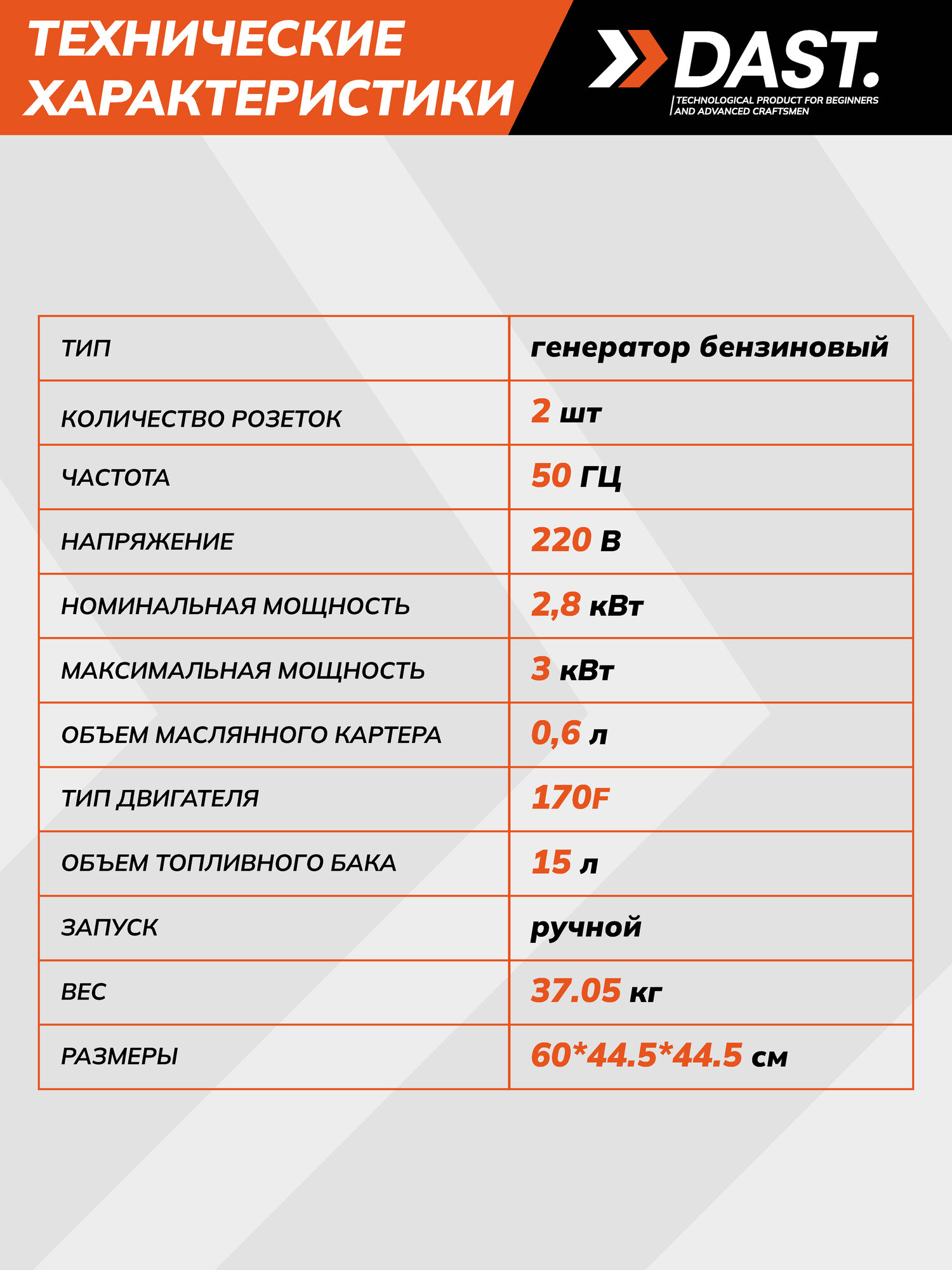 Генератор бензиновый DAST 2.8-3 кВт, 15 л, 2 розетки, клеммы, 4-тактный DGB-4500 — фото 1