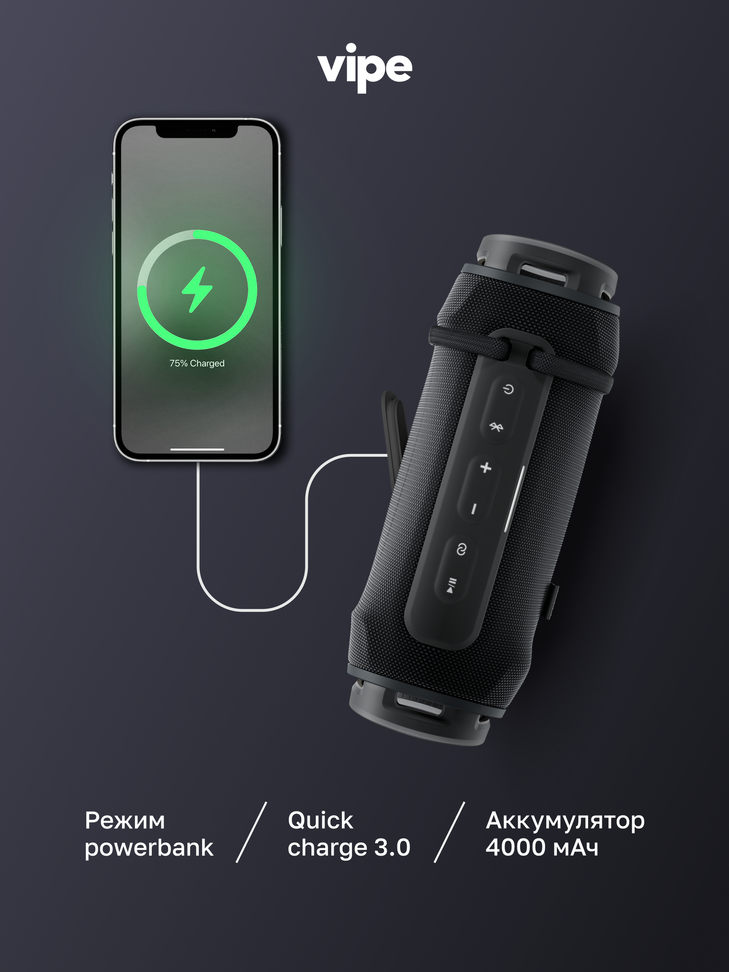 Портативная беспроводная колонка vipe SPARK, 40 Вт, влагозащита IP67, черная — фото 1
