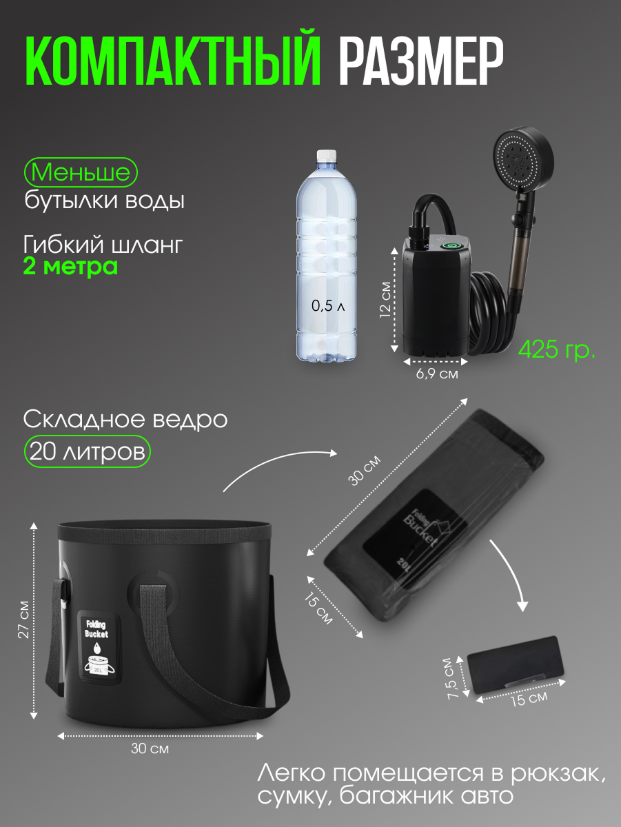 Душ для дачи портативный, походный SEKAI, переносной, с индикатором температуры и заряда, ПВХ, 20 л, черный — фото 1