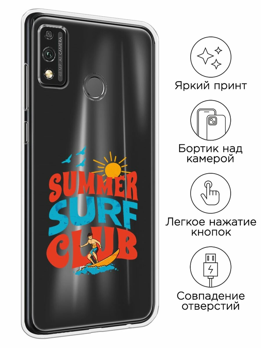 Чехол на Honor 9X Lite / Хонор 9X Лайт с принтом Summer surf club, прозрачный — фото 1