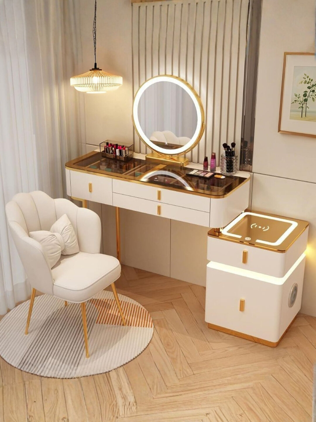 Косметический стол с LED зеркалом, туалетный столик для макияжа, с ящиками и креслом - Молочный