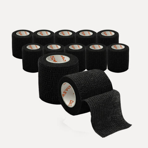 Изображение товара Бинт эластичный бандажный защитный самофиксирующийся, 4,5 м х 5 см, 12 рулонов, черный, DASWERK, 680041