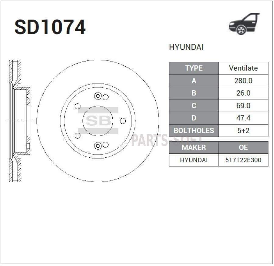 SANGSIN BRAKE SD1074 Диск тормозной передний Серия: HI-Q Диаметр:280мм. KIA CEED Наклонная задняя часть (ED) KIA CERATO I