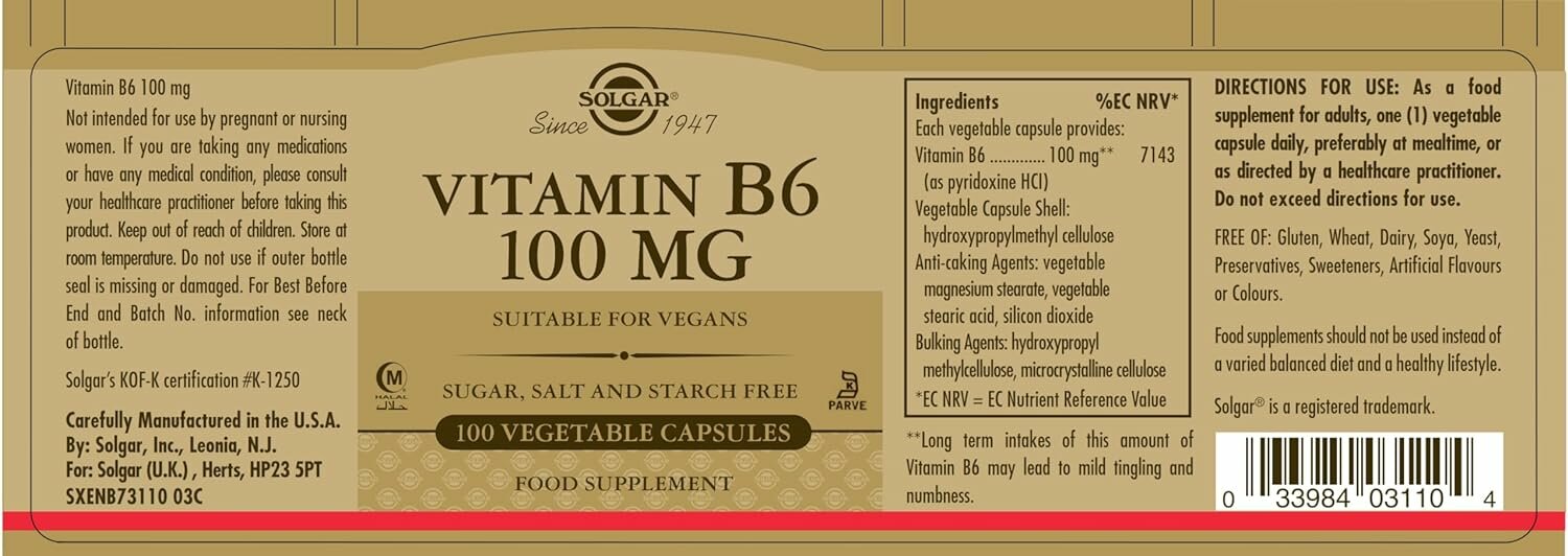 Витамин B6 Solgar, 100мг, 100 капсул, для нервной системы и сердца, США — фото 1