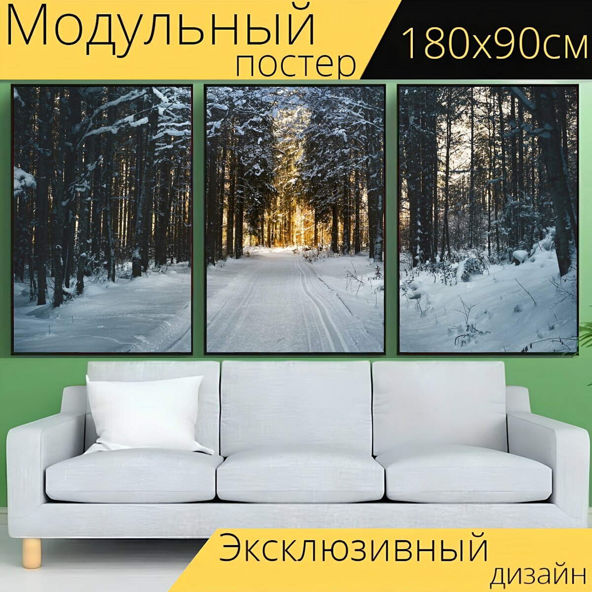 Модульный постер "Лыжные гонки, лес, снег" 180 x 90 см. для интерьера