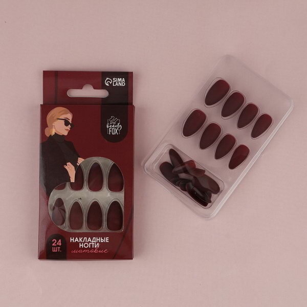 Накладные ногти "Бордо", 24 шт, клеевые пластины, форма миндаль, цвет матовый бордовый