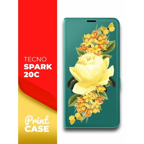 Чехол на Tecno Spark 20C (Техно Спарк 20С) зеленый опал книжка эко-кожа подставка отделением для карт и магнитами Book Case, Miuko (принт) Желтые Розы чехол на tecno spark 20c техно спарк 20с зеленый опал книжка эко кожа отделение для карт и магнитами book case miuko принт медведь штанга