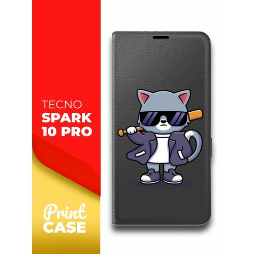 Чехол на Tecno Spark 10 Pro (Техно Спарк 10 Про) черный книжка эко-кожа подставка отделение для карт и магнитами Book case, Miuko (принт) Котик с Битой чехол на tecno spark 10 pro техно спарк 10 про черный книжка эко кожа подставка отделением для карт и магнитами book case miuko принт котик chill