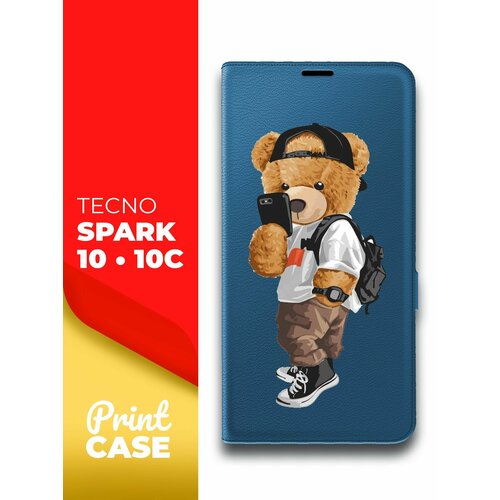 Чехол на Tecno Spark 10/ 10C (Техно Спарк 10/10С) синий книжка эко-кожа подставка отделение для карт магнит Book case, Miuko (принт) Мишка Смартфон чехол на tecno spark 10 10c техно спарк 10 10с синий книжка эко кожа подставка отделение для карт и магнитами book case miuko принт мишка гитара