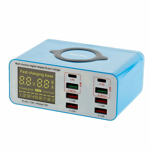 Зарядная станция Relife RL-304S, 6USB + 2 Type-C + беспроводная зарядка, с дисплеем беспроводная зарядная станция xo wx031