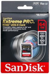 Карта памяти SanDisk Extreme PRO SDXC 64 ГБ Class 10 UHS-II U3 V60 6K-Video (R/W 280/100 Mb/s)