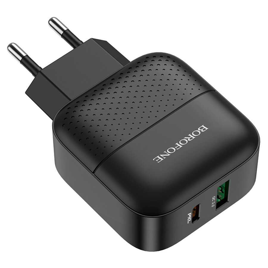 Сетевое зарядное устройство BOROFONE BA46A Premium 1xUSB + 1xUSB-C, 3A, 18W, черный