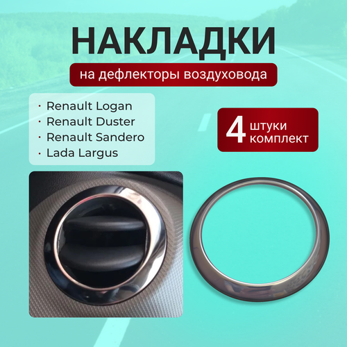 фото Комплект накладок на воздуховоды для renault logan sandero duster (логан сандеро дастер), nissan almera, terrano (альмера террано), lada largus (лада ларгус) хром из нержавеющей стали