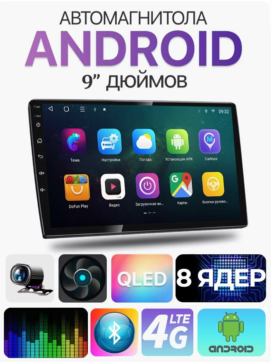 Автомагнитола Андроид с экраном 9 дюймов 2din 6Gb+128Gb