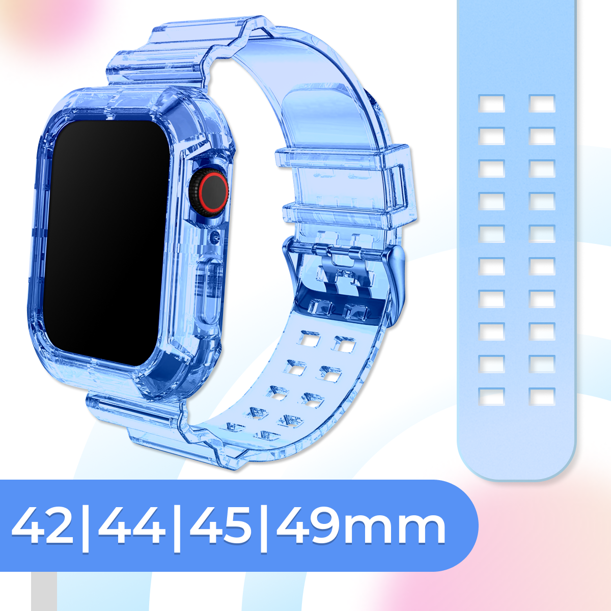 Прозрачный силиконовый ремешок для умных часов Apple Watch 42-44-45-49 mm / Спортивный браслет для смарт часов Эпл Вотч 1-9, SE, Ultra / Синий