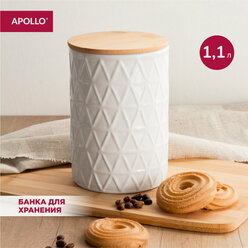 Банка для хранения сыпучих продуктов керамическая с деревянной бамбуковой крышкой объём 1,1л контейнер для крупы APOLLO "Hold"