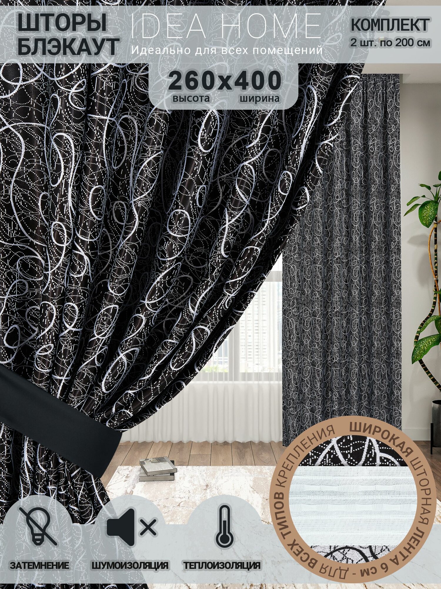 Комплект штор из 2 шт по 200 см блэкаут/ blackout IDEA HOME светозащитные для комнаты , кухни , спальни , гостиной и дачи 400*260 см , узор черный, паутинка