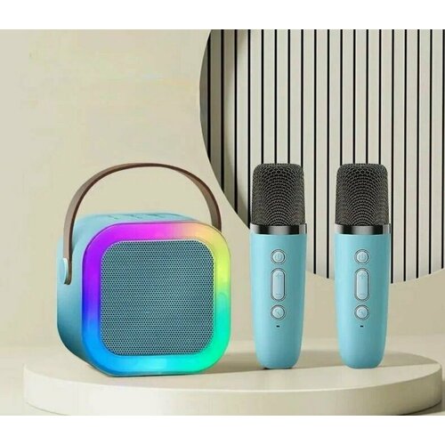 Детская караоке система с двумя беспроводными микрофонами и колонкой голубого цвета 1990₽