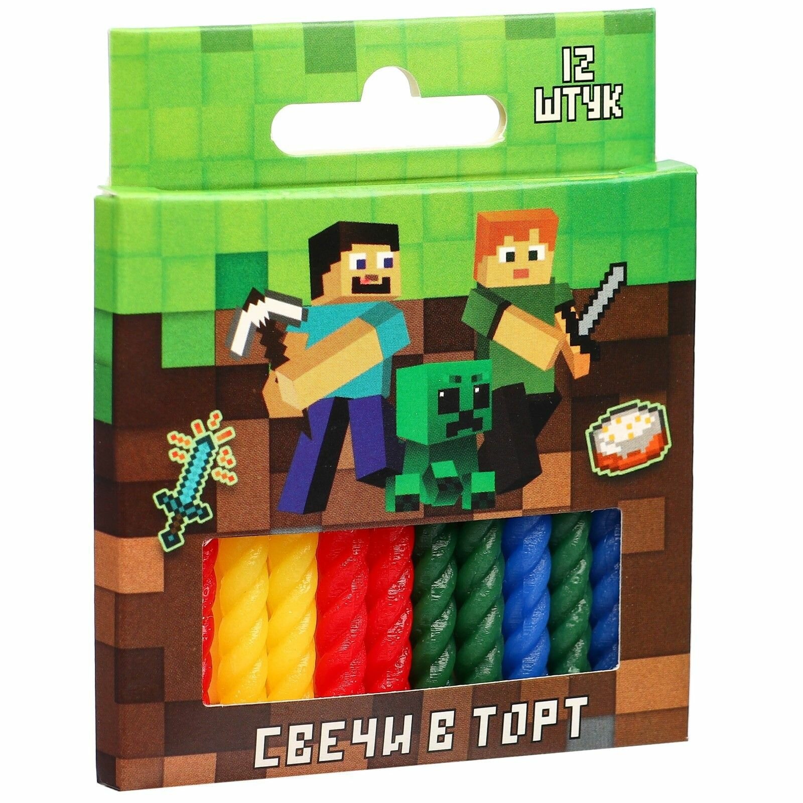 фото Набор витых свечей для торта. 12 шт. "Майнкрафт" разноцветные