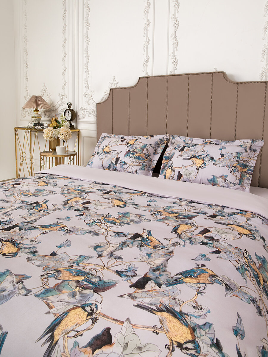 Постельное белье евро макси, Tessolo Home, полисатин, "Птицы на сером " — фото 1