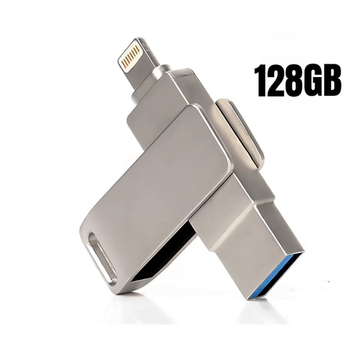 Флешка для айфона 128GB / 2в1, USB Lightning - USB 3.0 / для iPhone, iPad, iPod / металлическая metal usb 3 0 flash drive for iphone ipad ipod imac 16gb 32gb 64gb 128gb 3 in 1 pendrive for lightning micro usb computer 256gb