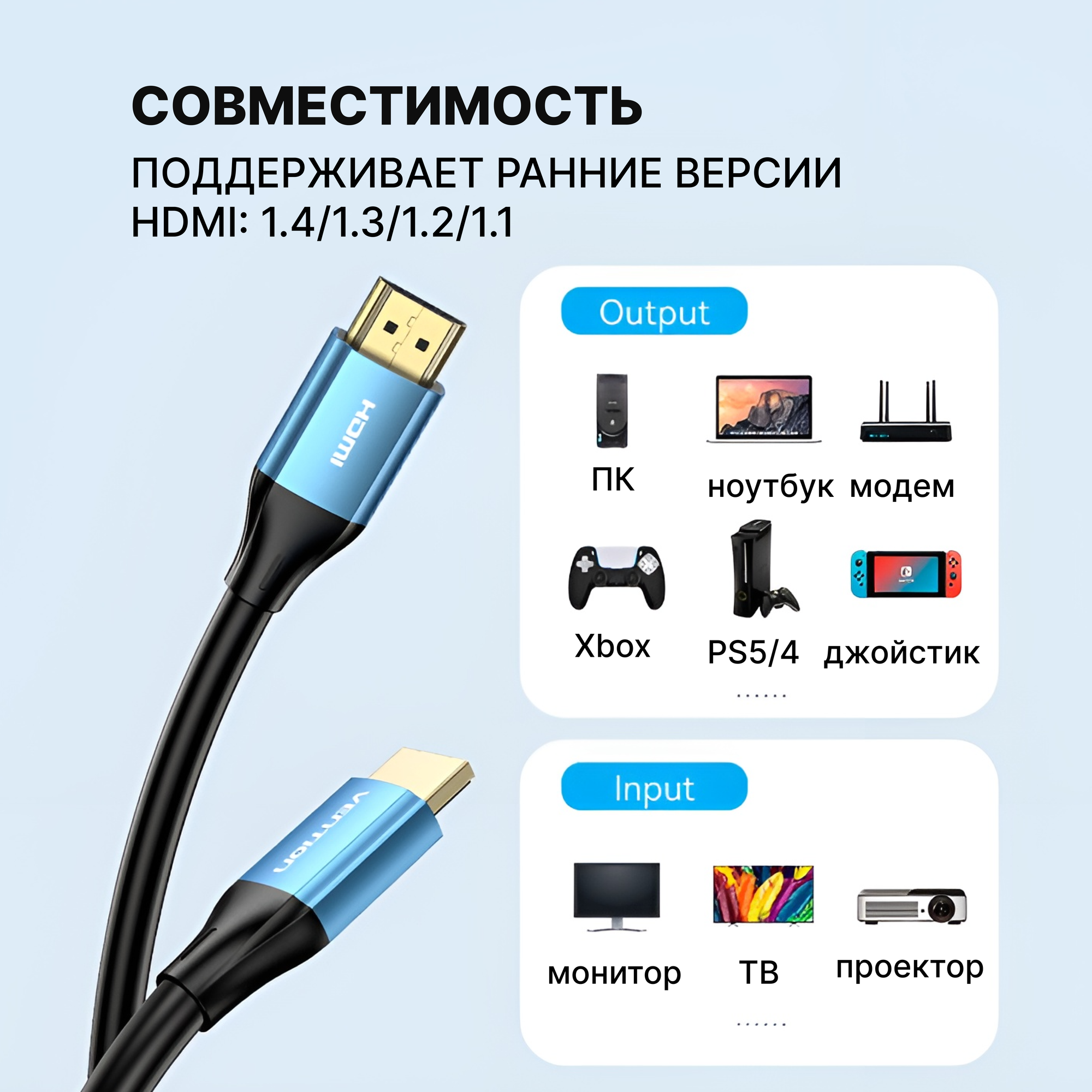 Кабель интерфейсный HDMI-HDMI Vention High speed v2.0 with Ethernet 19M/19M - 2м - фото №2