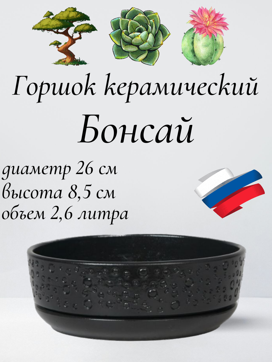 Керамический горшок "Бонсай" для бонсай кактусов и суккулентов диаметр 26 см высота 8 см черный