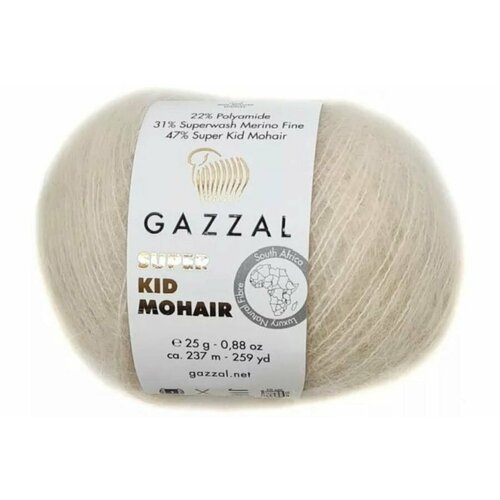 Пряжа Gazzal Super Kid Mohair слоновая кость (64436), 31%меринос/47%супер кид мохер/22%полиамид, 237м, 25г, 3шт